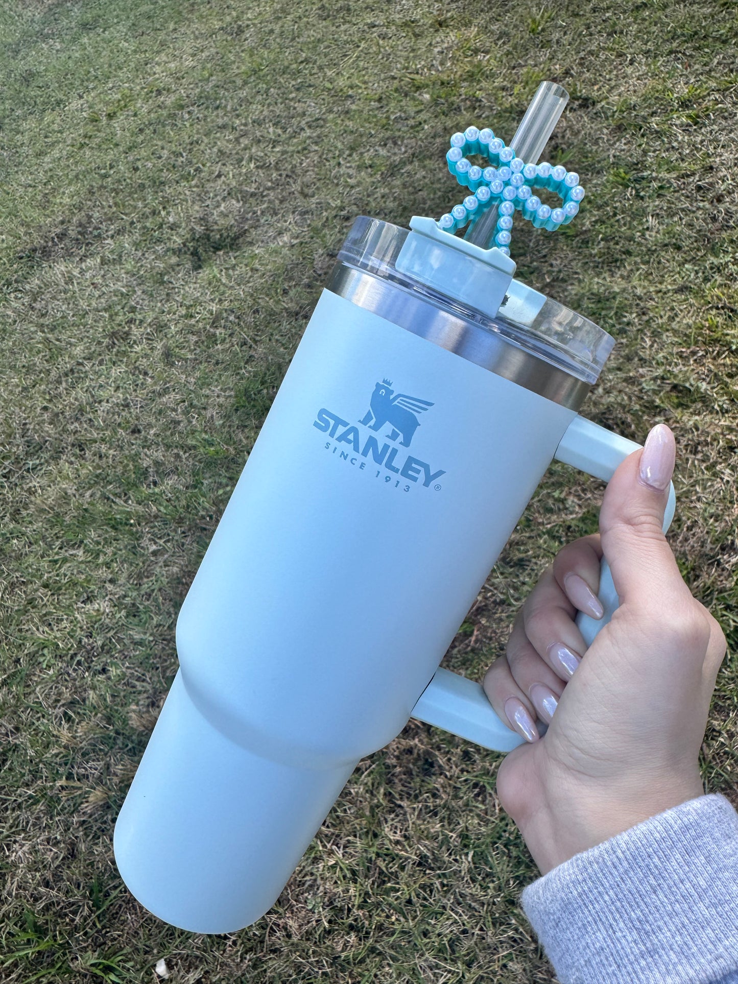 Turquoise Pearl Bow Straw Buddy