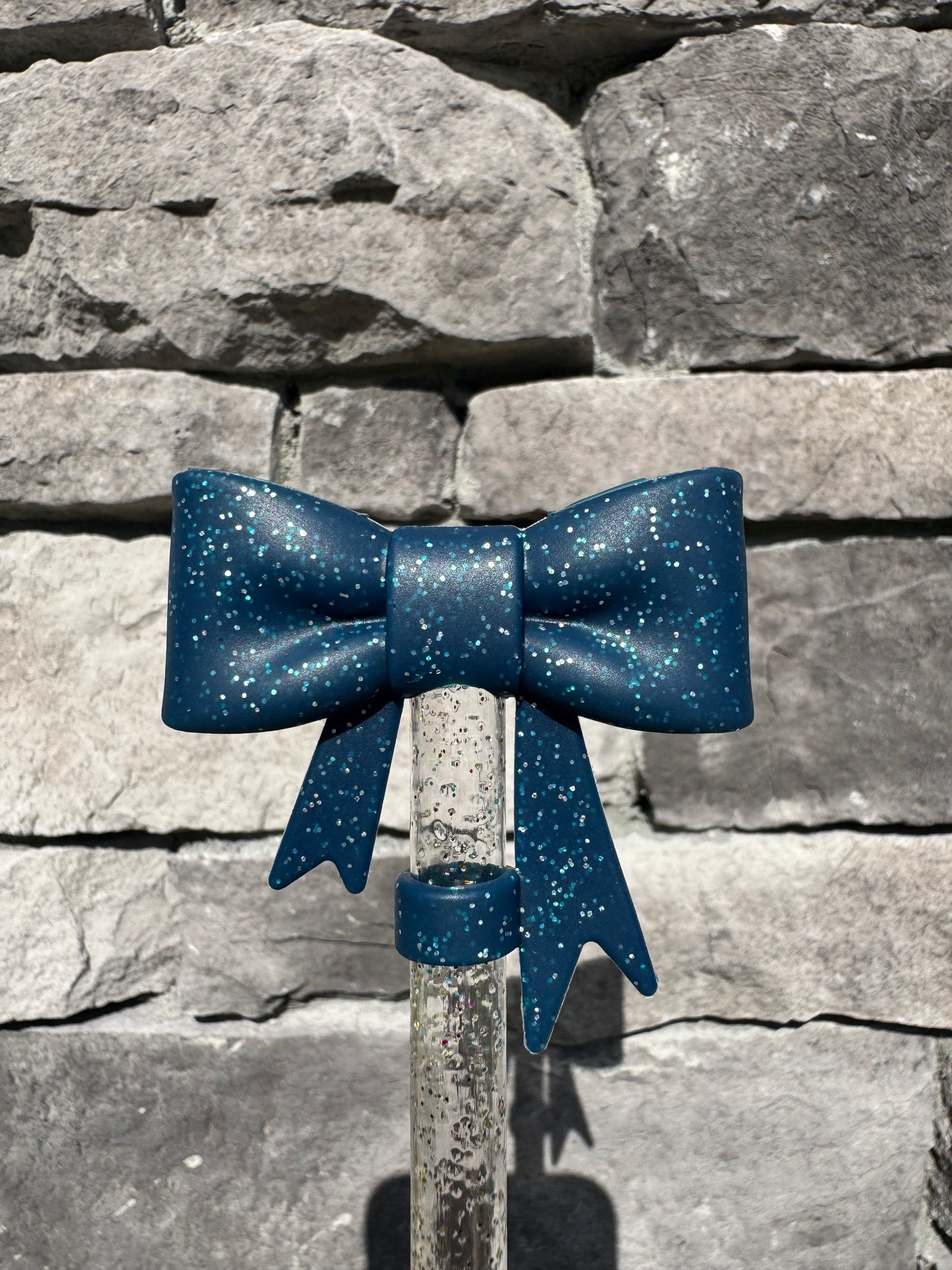 Navy Glitter Large Bow - Straw Topper