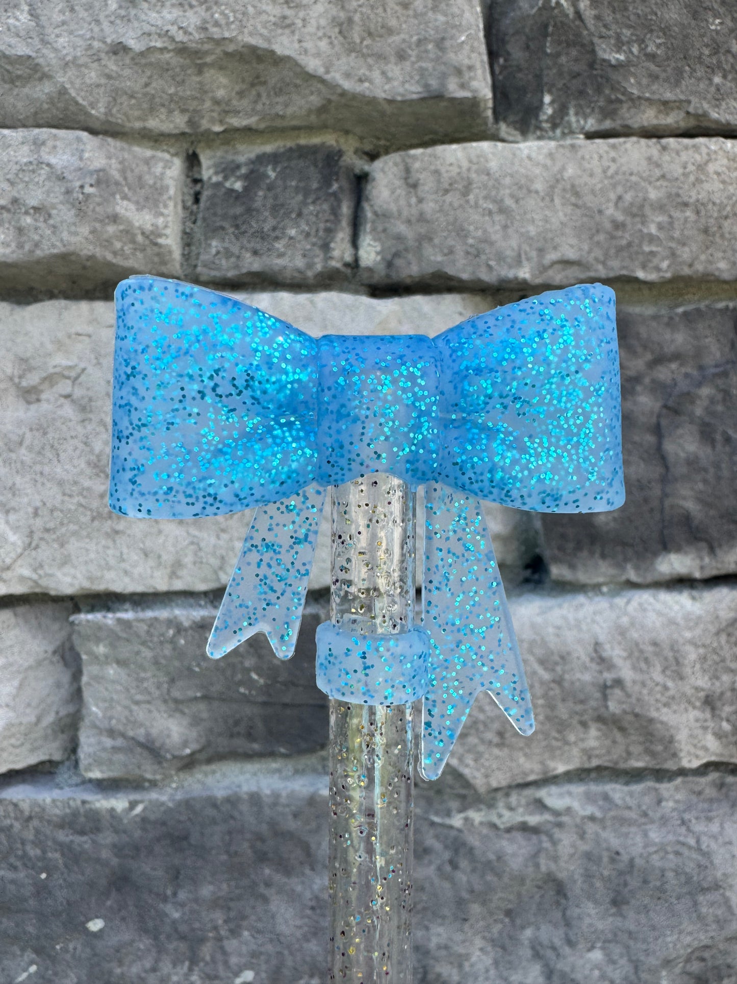 Blue Transparent Glitter Large Bow - Straw Topper