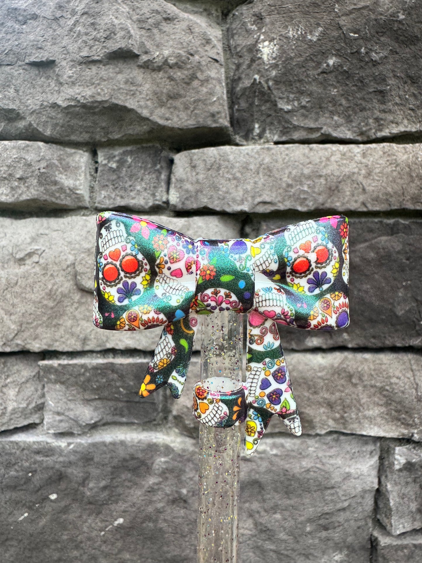 Opal Sugar Skull Large Bow - Straw Topper