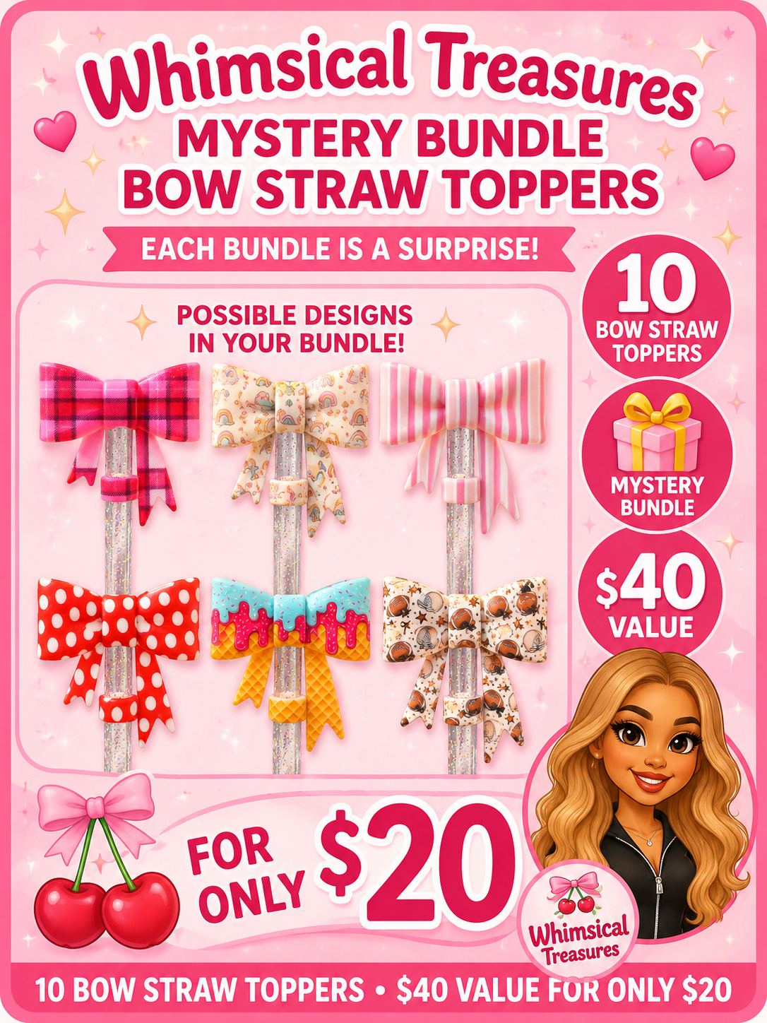 Mystery Bow Straw Topper Bundle | 10 Random Bow Straw Toppers | Reusable Straw Accessories | Stanley Straw Charm | Cup Accessory Gift | Mystery Pack