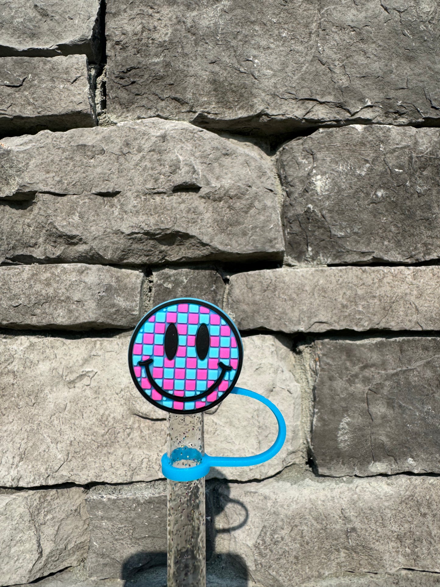 Blue and Pink Checkered Smiley - Straw Topper