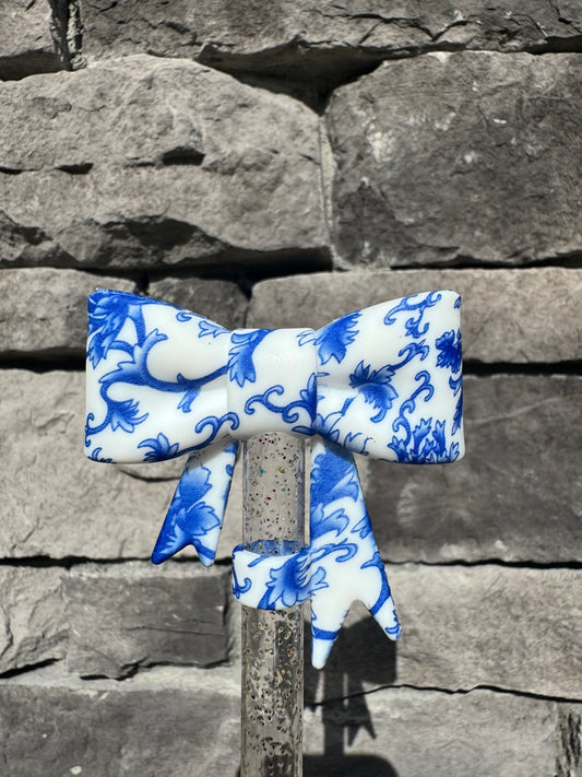 Blue Floral Large Bow - Straw Topper