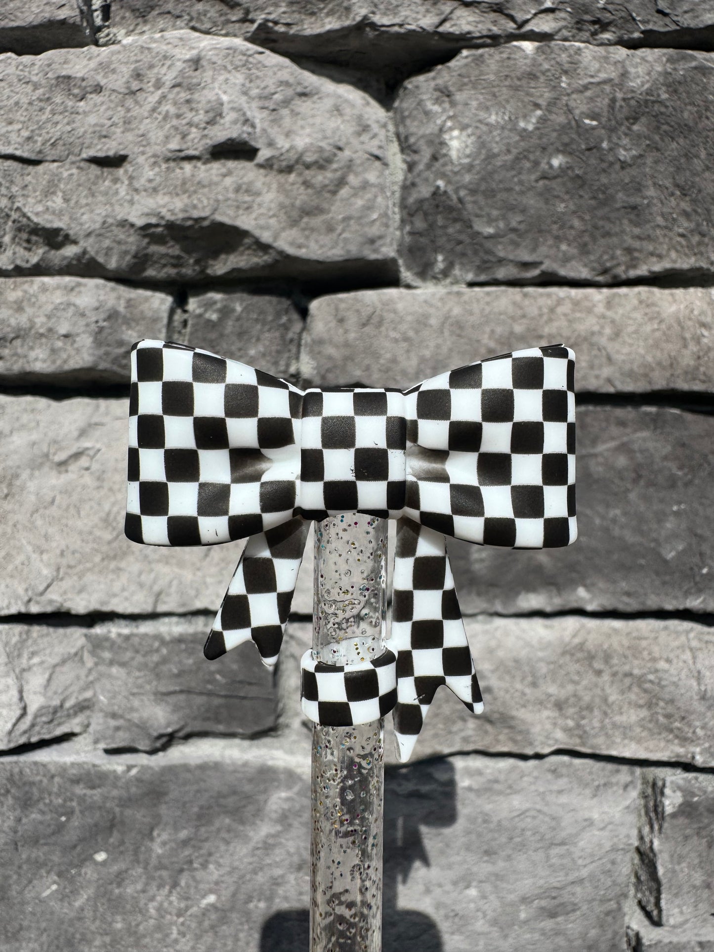 Black & White Checkered Large Bow - Straw Topper