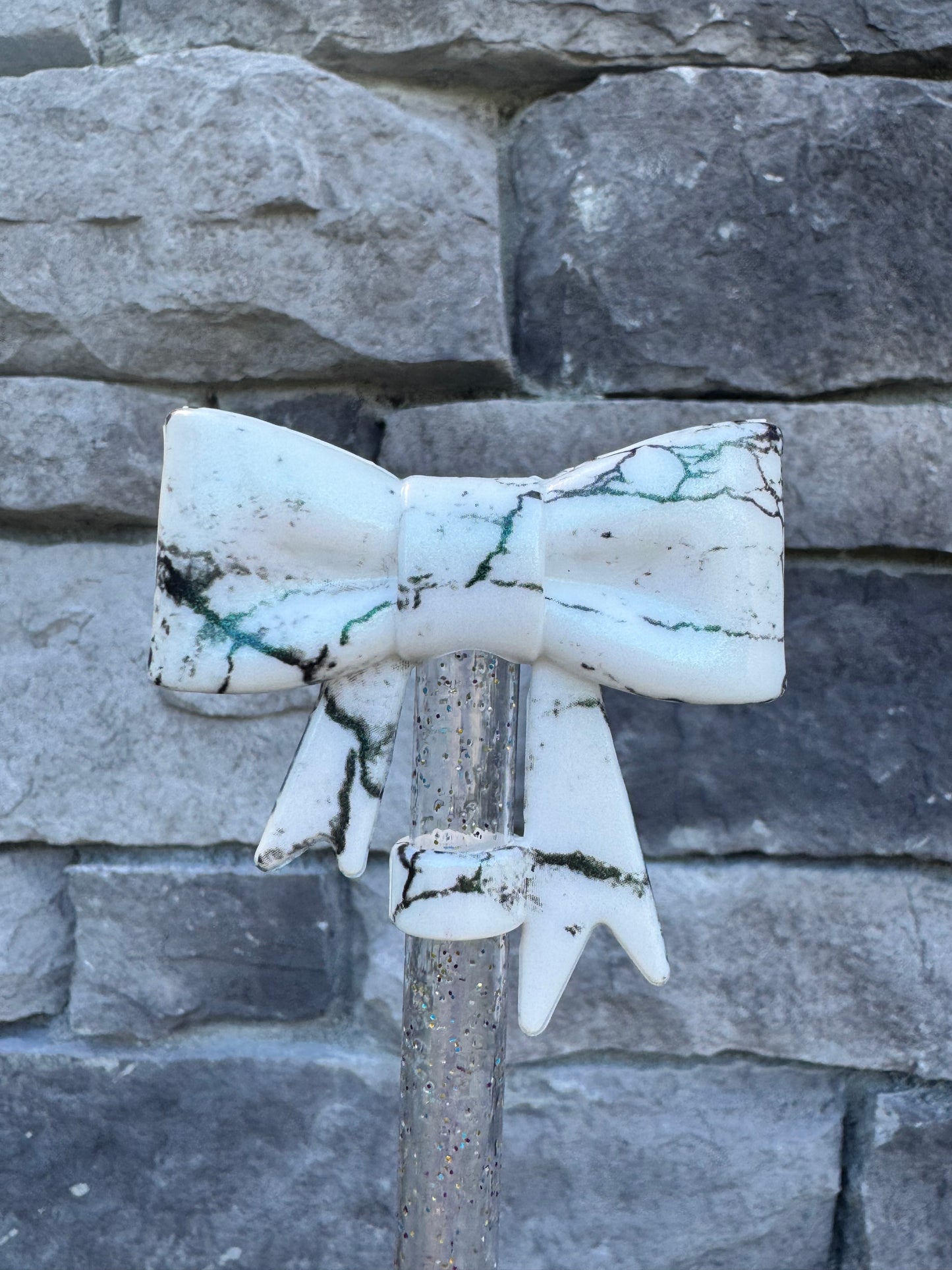 White Opal Marble Large Bow - Straw Topper