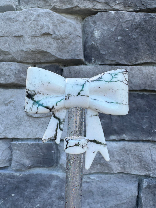 White Opal Marble Large Bow - Straw Topper