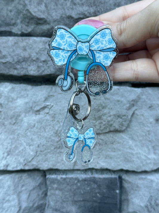 Blue Stethoscope Bow - Badge Reel