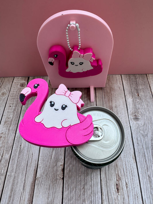 3D Printed Ghost on Flamingo Floatie - Soda Can Opener Keychain