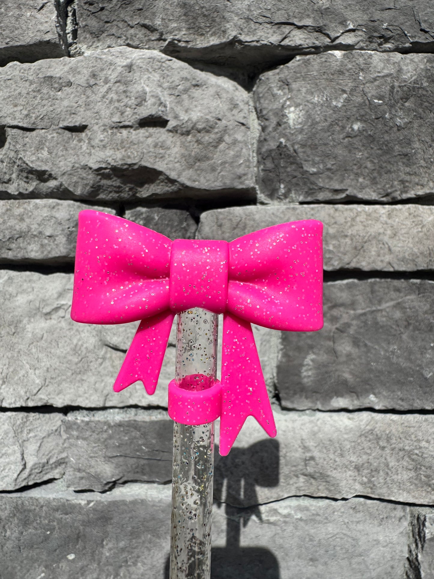 Hot Pink Glitter Large Bow - Straw Topper
