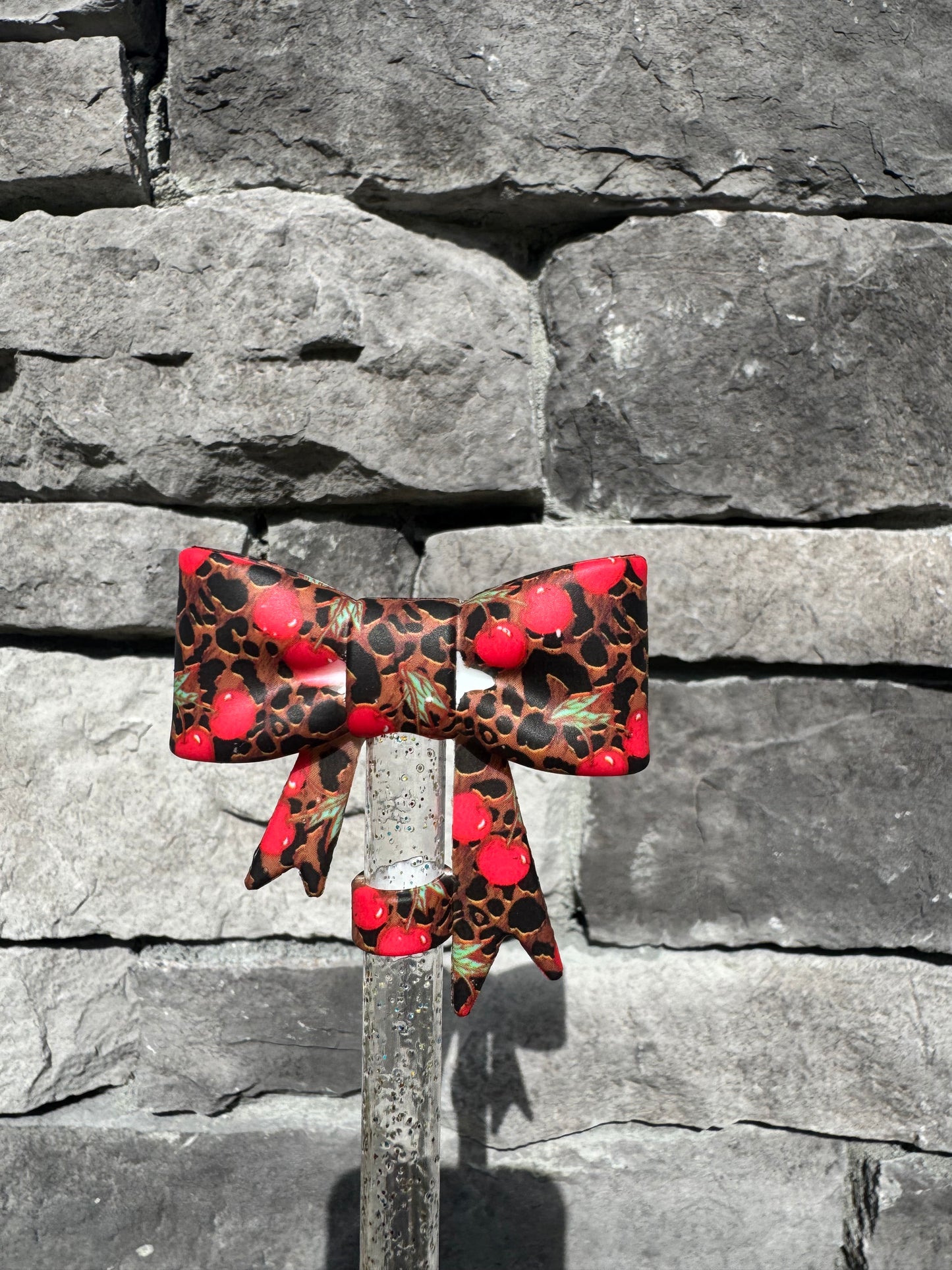 Cherry Leopard Large Bow - Straw Topper
