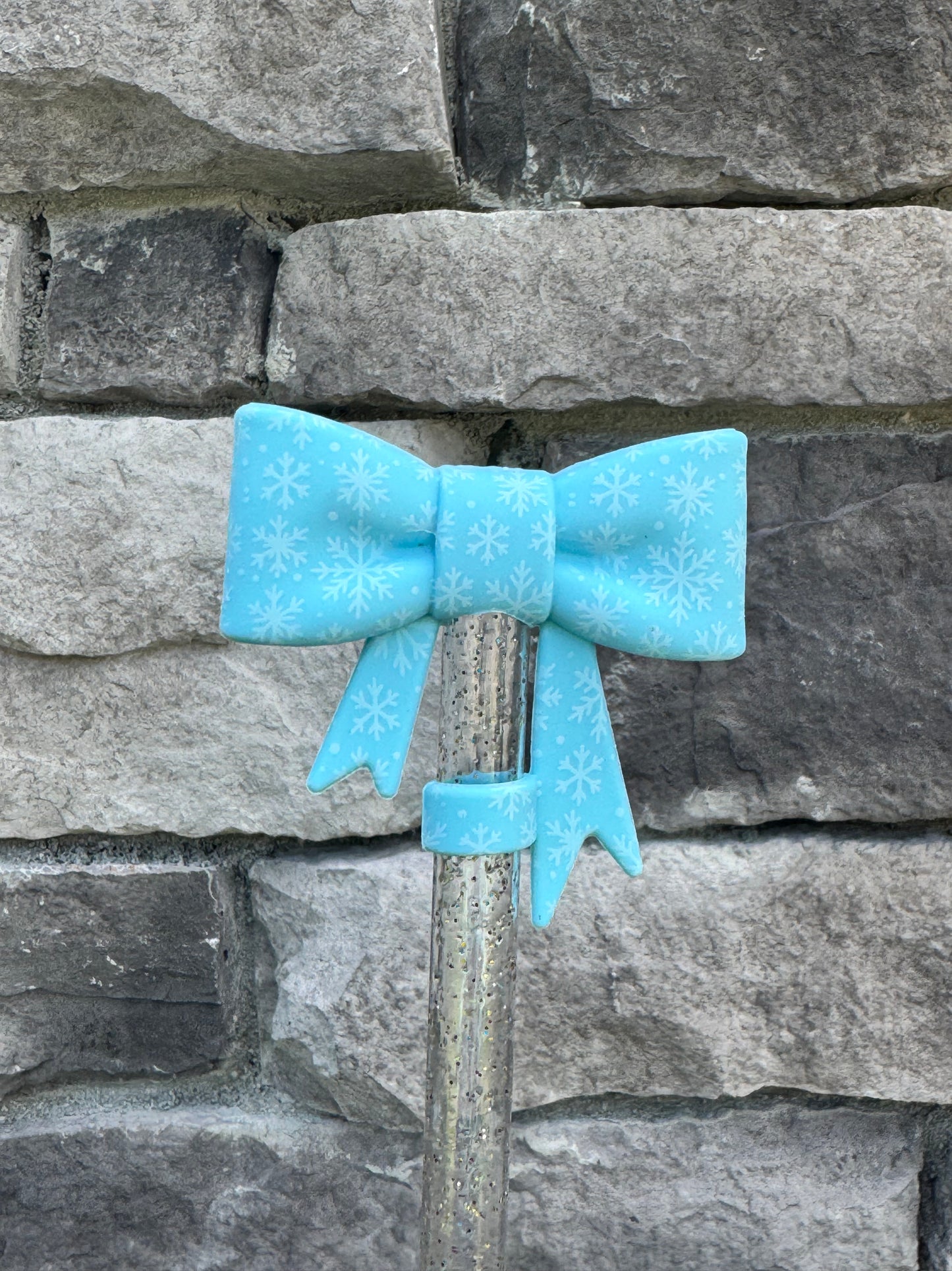 Ice Blue Snowflake Large Bow - Straw Topper
