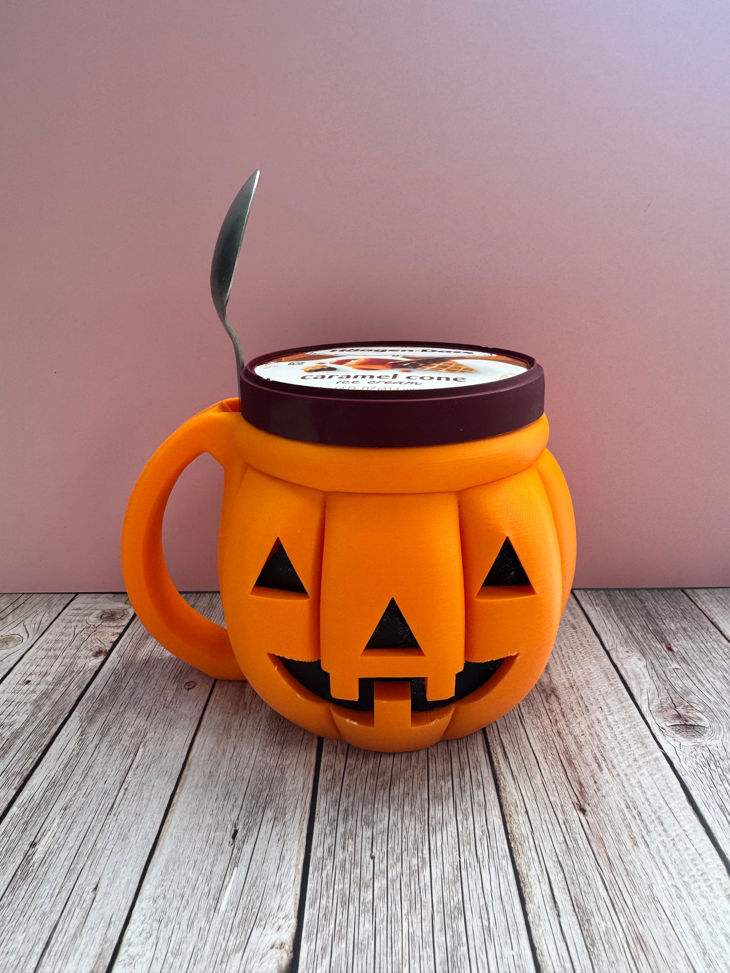 Halloween Ice Cream Pint Holder | 3D Printed Jack O’ Lantern Ice Cream Tub Holder with Spoon Slot | Spooky Movie Night Gift