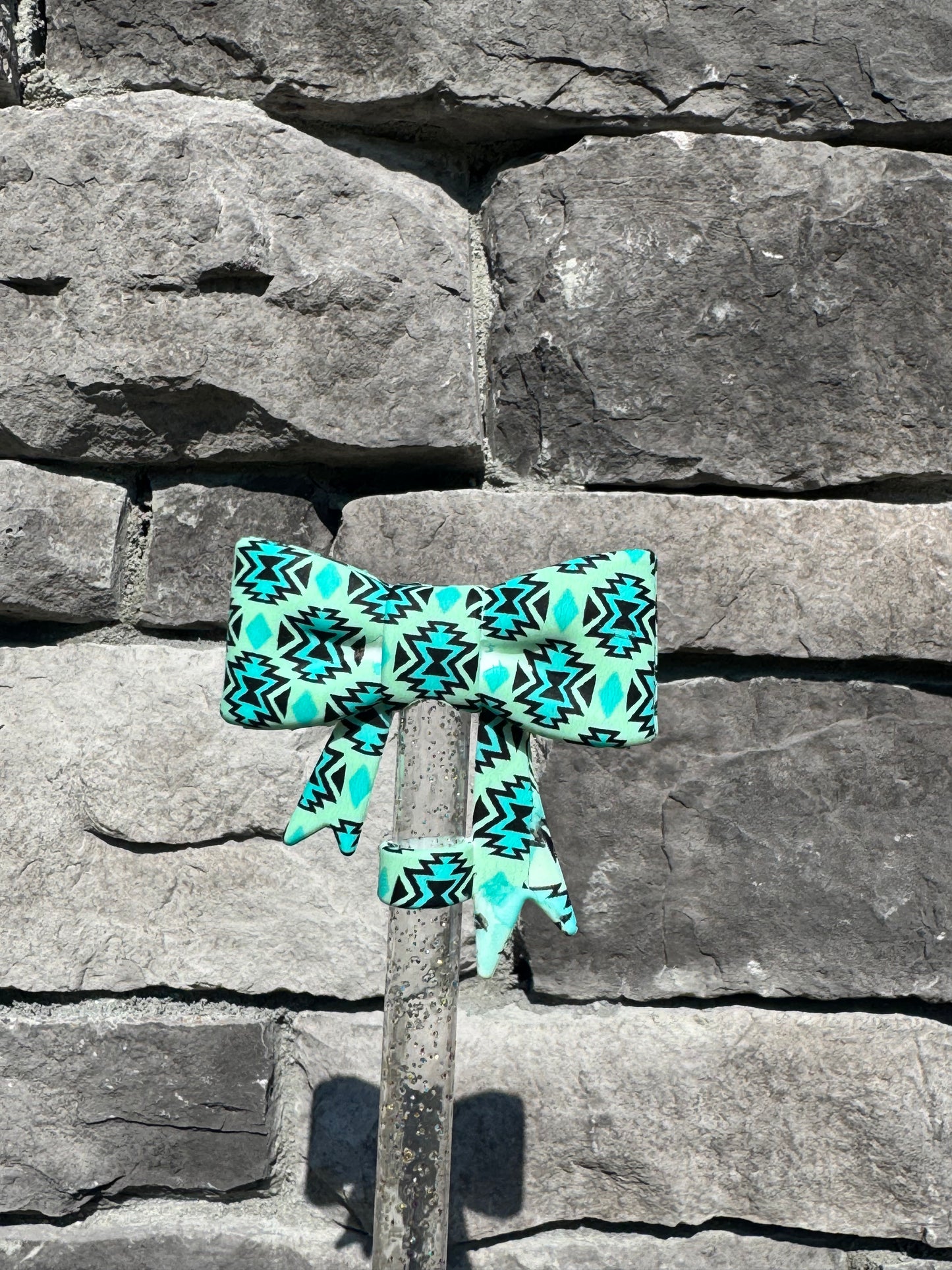 Teal Aztec Large Bow - Straw Topper