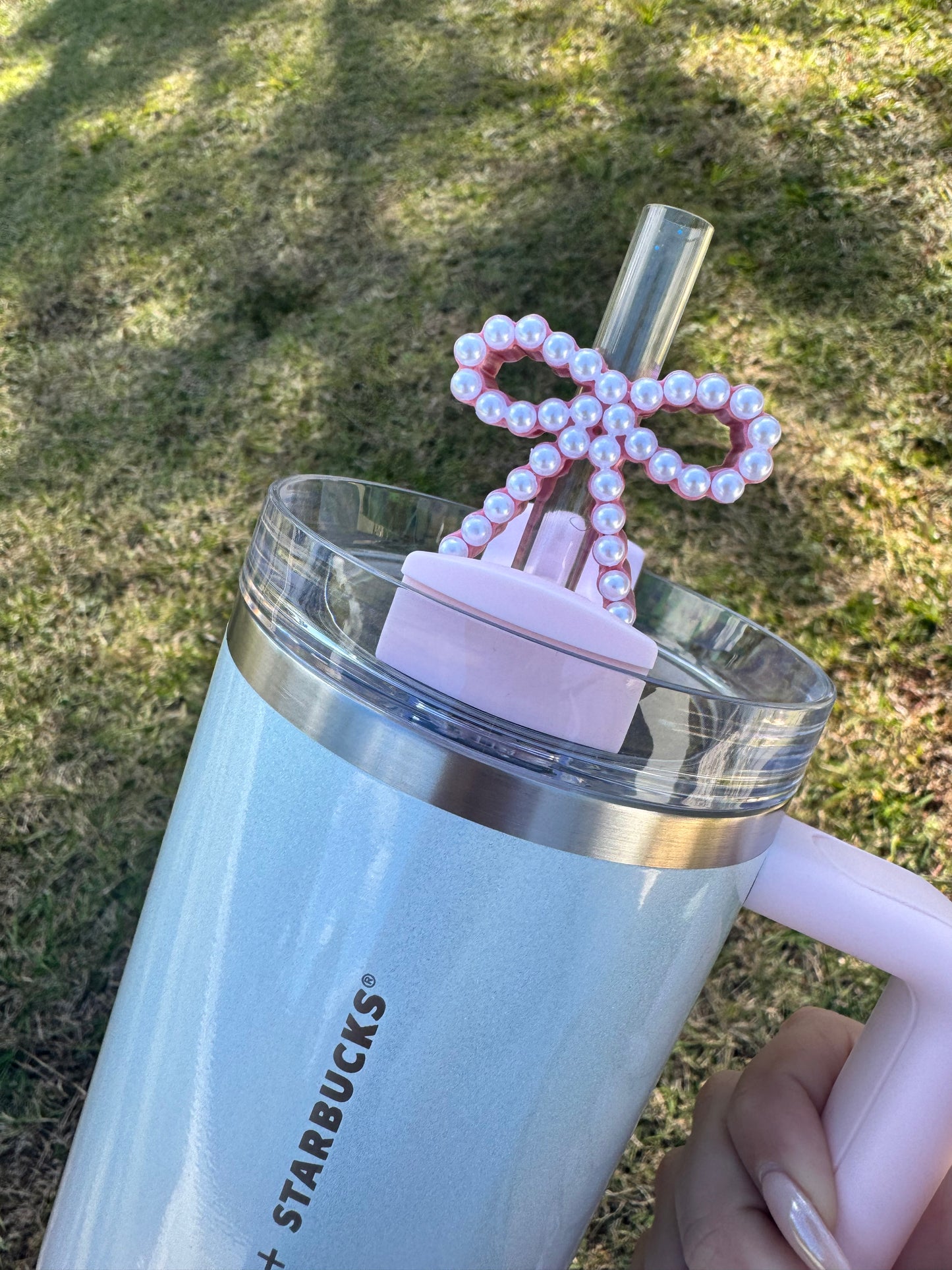 Pink Pearl Bow Straw Buddy