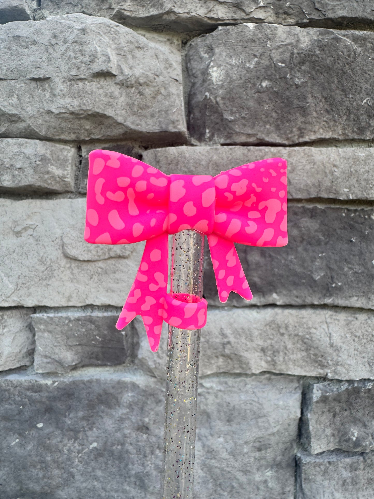 Neon Pink Leopard Large Bow - Straw Topper