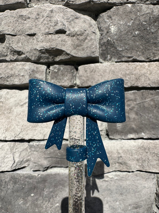 Navy Glitter Large Bow - Straw Topper