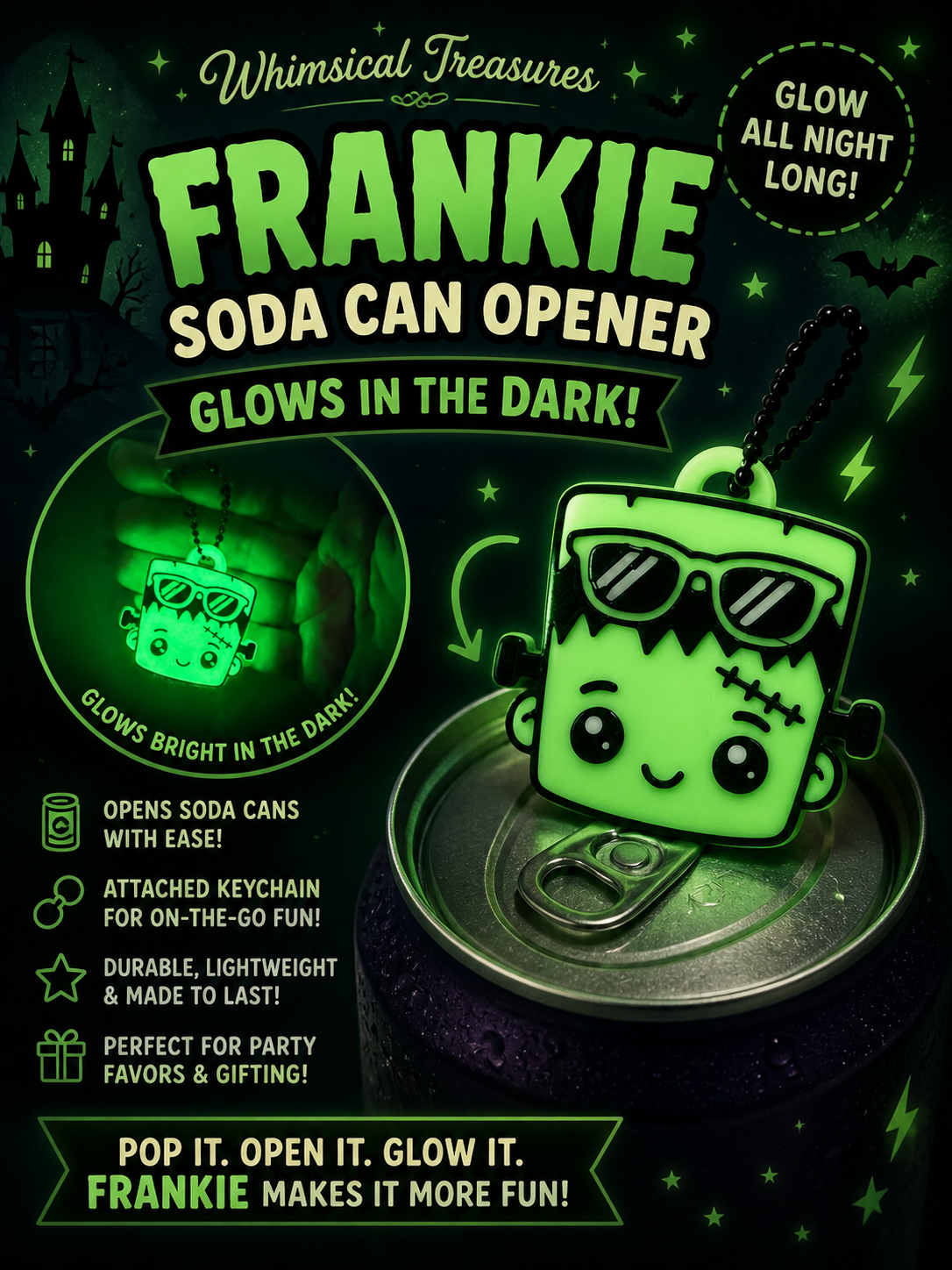 3D Printed Frankie - Soda Can Opener Keychain *GLOWS IN THE DARK* *SHOP EXCLUSIVE*