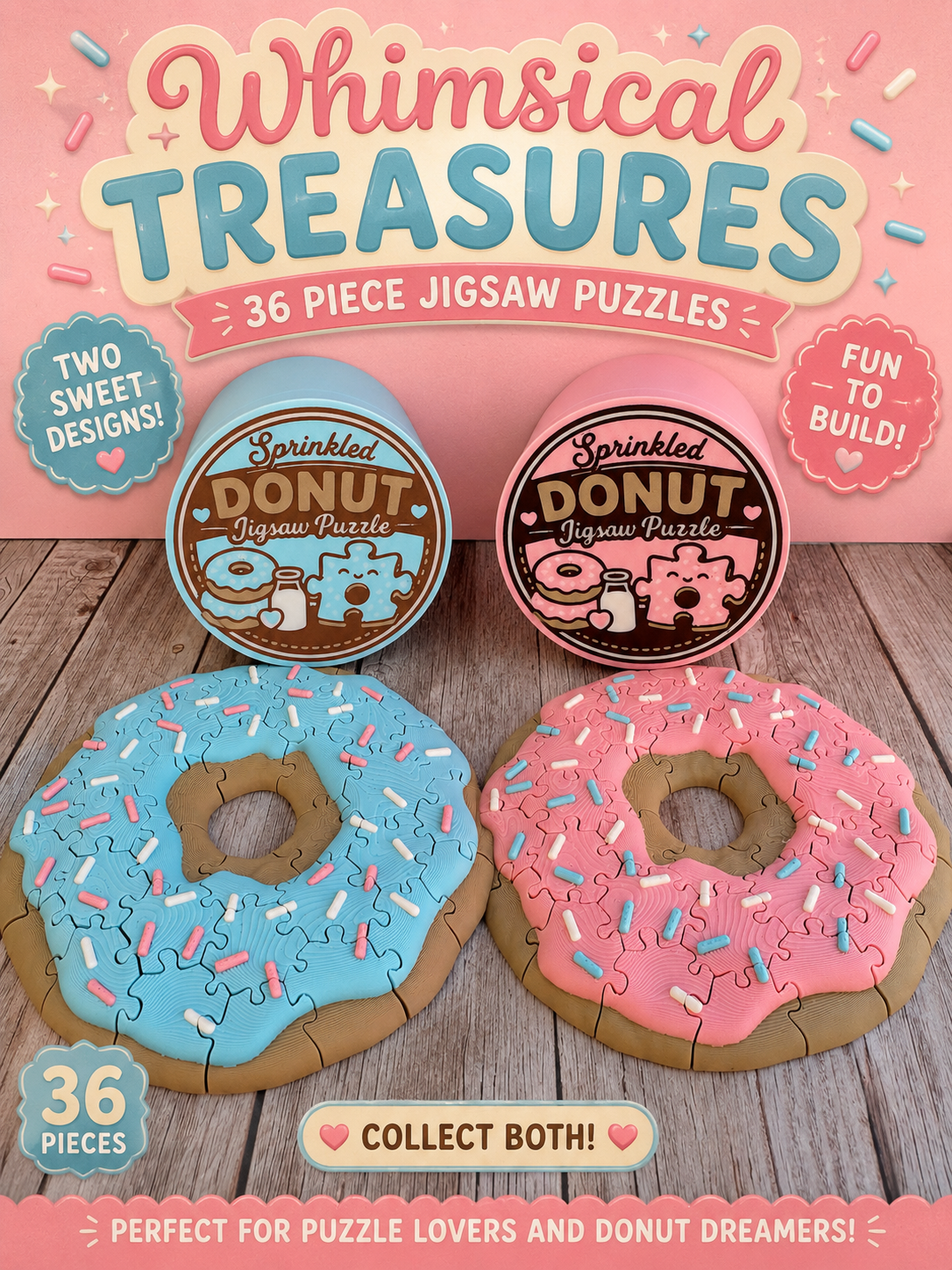 3D Printed Donut Jigsaw Puzzle with Storage Container | 36 Piece Kawaii Toy, Desk Decor, Fidget Toy