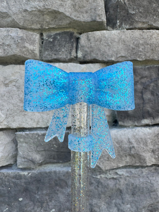 Blue Transparent Glitter Large Bow - Straw Topper