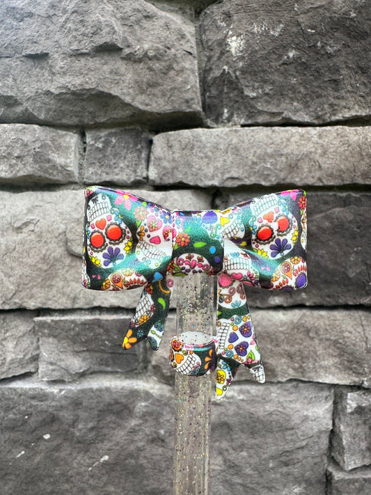 Opal Sugar Skull Large Bow - Straw Topper