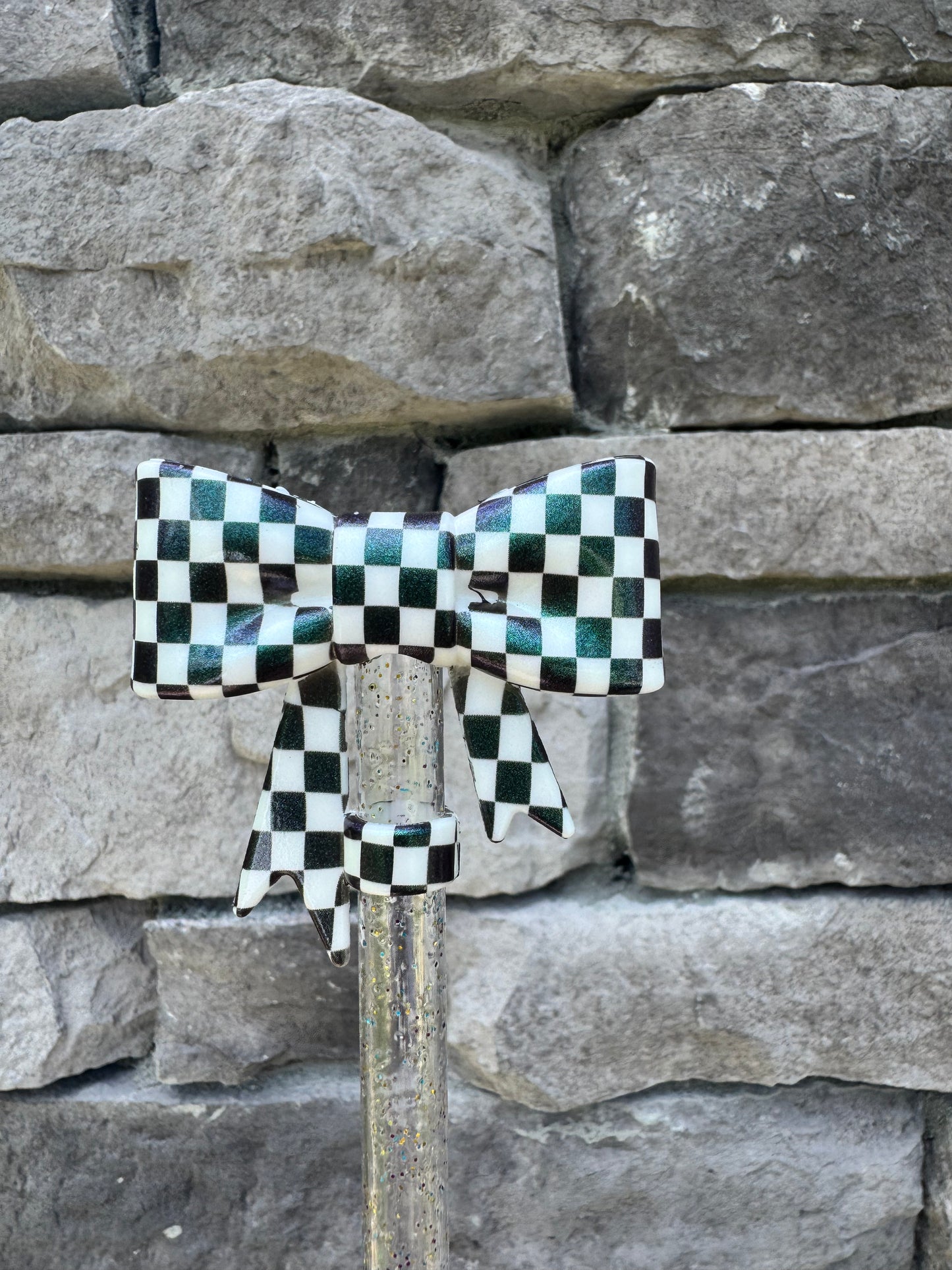 Black & White Checkered Large Bow - Straw Topper