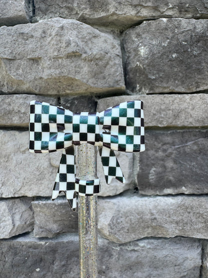 Black & White Checkered Large Bow - Straw Topper