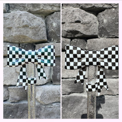 Black & White Checkered Large Bow - Straw Topper