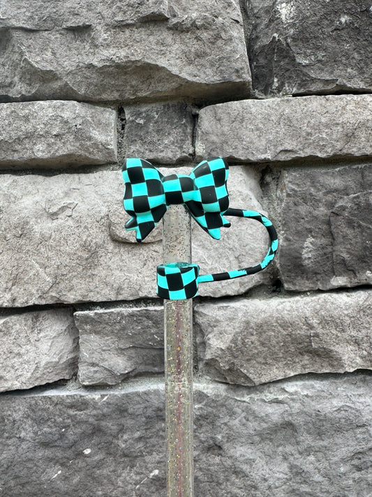 Turquoise & Black 3D Bow - Straw Topper 10MM