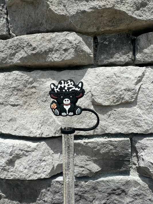 Black Highland Cow with Hat Straw Topper